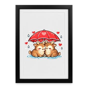 Deux cerfs sous un parapluie - Affiche encadrée (27 × 37 cm) - noir - Devant