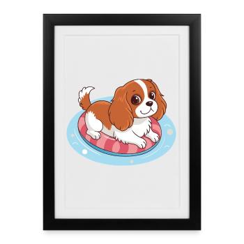Chiot nageur sur bouée estivale - Affiche encadrée (27 × 37 cm) - noir - Devant