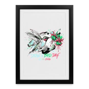 Éclaboussure d’encre colibri avec fleurs - Affiche encadrée (27 × 37 cm) - noir - Devant