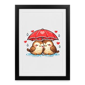 Küssende Eulen unter Regenschirm - Gerahmtes Poster (27 × 37 cm) - Schwarz - Vorne