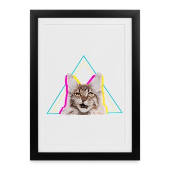 Neon Retro Cat Geometric Triangle Art - Framed poster (27 × 37 cm) - black - Front