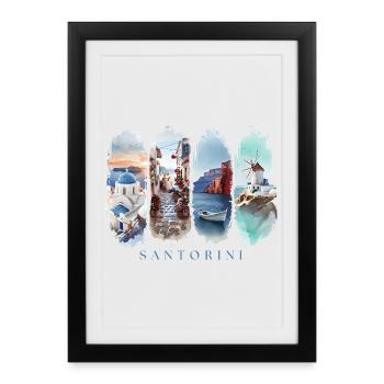Santorini Urlaub Travel – Griechenland Insel Motiv - Gerahmtes Poster (27 × 37 cm) - Schwarz - Vorne