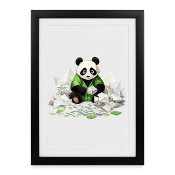 Panda in Green Hoodie with Origami Treasure - Framed poster (27 × 37 cm) - black - Front