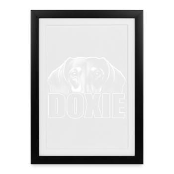 Portrait de teckel avec lettres DOXIE - Affiche encadrée (27 × 37 cm) - noir - Devant