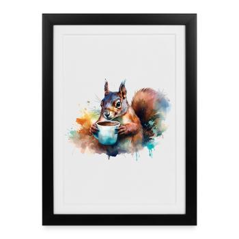 Squirrel drinking a cup of coffee - Framed poster (27 × 37 cm) - black - Front