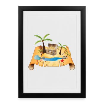 Carte au trésor aventureuse avec coffre en or - Affiche encadrée (27 × 37 cm) - noir - Devant