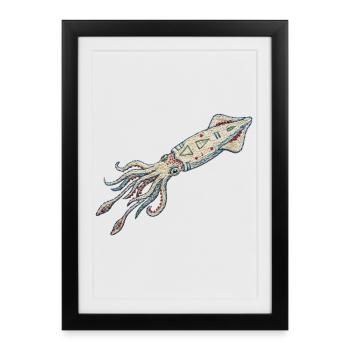 Calamar brodé – motif marin (imprimé) - Affiche encadrée (27 × 37 cm) - noir - Devant