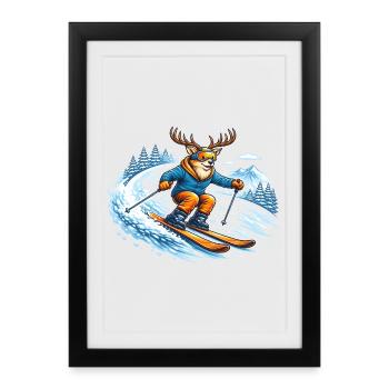 Cerf de ski drôle – Motif comique des sports d’hiver - Affiche encadrée (27 × 37 cm) - noir - Devant