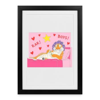 Pink Tiger Lounge with Hearts and Hair Curlers - Framed poster (27 × 37 cm) - black - Front