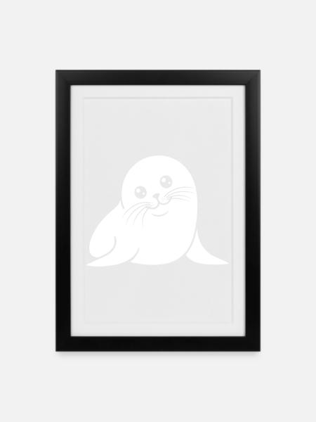 Baby Seal Silhouette Cute Animal Motif - Framed poster (27 × 37 cm) - black