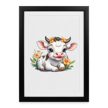 Mignon bébé vache veau sur prairie fleurie - Affiche encadrée (27 × 37 cm) - noir - Devant