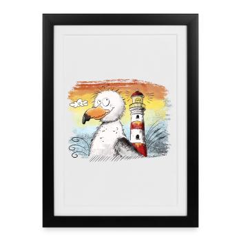 Seagull Vacances Mer Phare Coucher de soleil - Affiche encadrée (27 × 37 cm) - noir - Devant