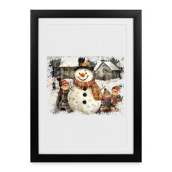 Charming winter snowman with children - Framed poster (27 × 37 cm) - black - Front