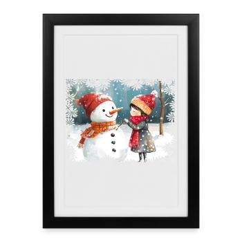 Joie d’hiver bonhomme de neige et enfant - Affiche encadrée (27 × 37 cm) - noir - Devant