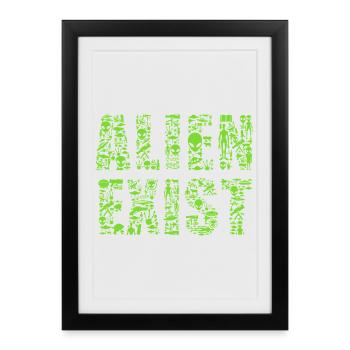 Alien Existe Chemise de science-fiction OVNI - Affiche encadrée (27 × 37 cm) - noir - Devant