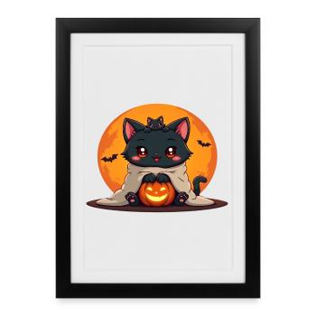 Chat d’Halloween avec citrouille d’Halloween - Affiche encadrée (27 × 37 cm) - noir - Devant