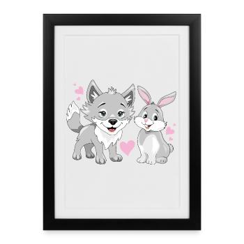 Happy baby wolf and cute smiling rabbit - Framed poster (27 × 37 cm) - black - Front