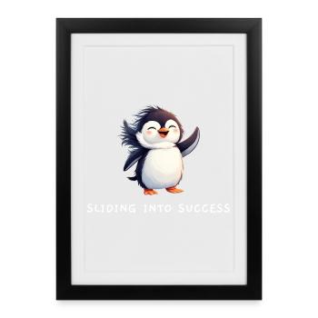 Cute Penguin "Sliding into Success" Quote - Framed poster (27 × 37 cm) - black - Front
