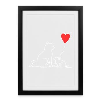 Chat et souris avec ballon en forme de cœur - Affiche encadrée (27 × 37 cm) - noir - Devant