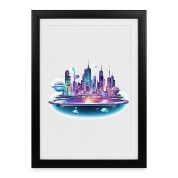 Neon Space City Skyline - Framed poster (27 × 37 cm) - black - Front