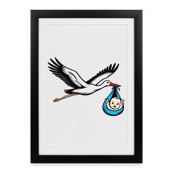 Cigogne volante avec bébé Peace Blue - Affiche encadrée (27 × 37 cm) - noir - Devant