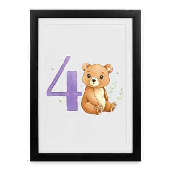 Watercolor Bear with Number 4 - Framed poster (27 × 37 cm) - black - Front