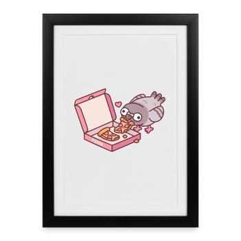 Un pigeon mignon a trouvé une pizza pepperoni dans une boîte à pizza - Affiche encadrée (27 × 37 cm) - noir - Devant