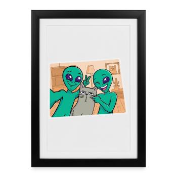 Des extraterrestres prennent une photo avec un chat - Affiche encadrée (27 × 37 cm) - noir - Devant