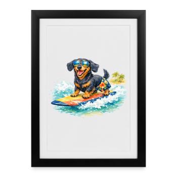 Un teckel fait du surf au soleil - Affiche encadrée (27 × 37 cm) - noir - Devant