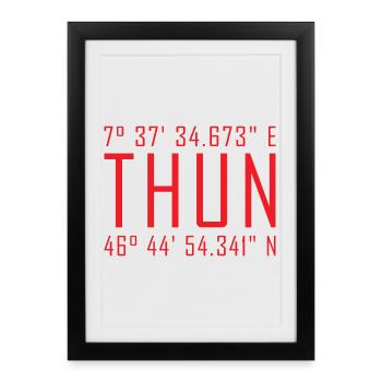 Thun Koordinaten – Rotes Typo Statement - Gerahmtes Poster (27 × 37 cm) - Schwarz - Vorne