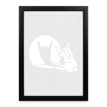 Drôle de lapin ombre main dessin animé ROCK musique METAL - Affiche encadrée (27 × 37 cm) - noir - Devant