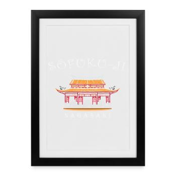 Temple Sofuku-ji, Nagasaki, Japon, dessin à la main - Affiche encadrée (27 × 37 cm) - noir - Devant