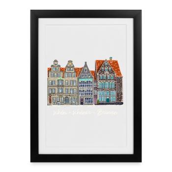 Marché de Brême, Dessin, Allemagne - Affiche encadrée (27 × 37 cm) - noir - Devant