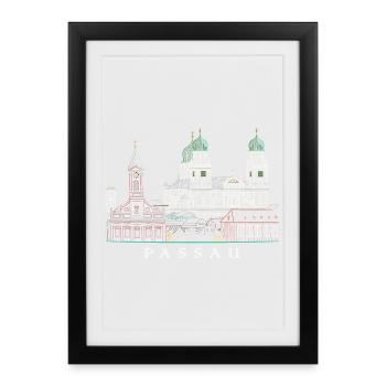 Passau Danube View, Bavaria, Germany, Drawing - Framed poster (27 × 37 cm) - black - Front