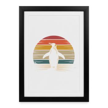 Silhouette de pingouin rétro avec fond de coucher de soleil - Affiche encadrée (27 × 37 cm) - noir - Devant