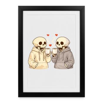 Couple squelette douillet avec tasses – Moments chaleureux - Affiche encadrée (27 × 37 cm) - noir - Devant