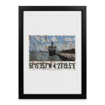 Antwerp port design with geocoordinates - Framed poster (27 × 37 cm) - black - Front