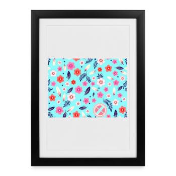 Motif floral avec des planches de surf sur bleu ciel - Affiche encadrée (27 × 37 cm) - noir - Devant