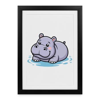 Cute hippo in a puddle - Framed poster (27 × 37 cm) - black - Front