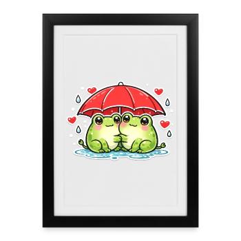 Grenouille câline avec parapluie rouge - Affiche encadrée (27 × 37 cm) - noir - Devant