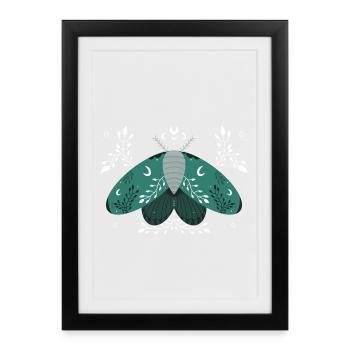 Papillon de nuit vert avec feuillage - Affiche encadrée (27 × 37 cm) - noir - Devant