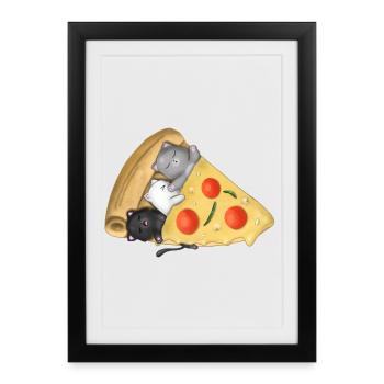 Des chats qui dorment à l’intérieur de la pizza cadeau mignon Kawaii pour la nourriture - Affiche encadrée (27 × 37 cm) - noir - Devant