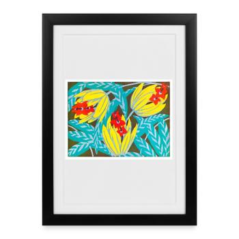 Fleurs cramoisies et feuilles dorées - Affiche encadrée (27 × 37 cm) - noir - Devant