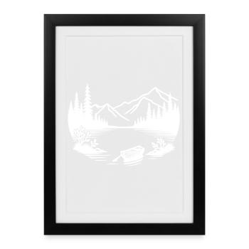 Minimalistischer Bergsee mit Ruderboot - Gerahmtes Poster (27 × 37 cm) - Schwarz - Vorne