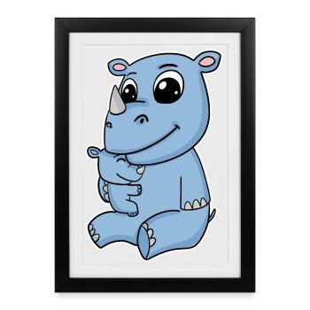 Famille Rhinocéros - Rhinocéros avec bébé - Motif Rhinocéros - Affiche encadrée (27 × 37 cm) - noir - Devant