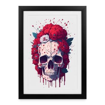 Skull with red flowers - Framed poster (27 × 37 cm) - black - Front