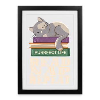 Lire, dormir, répéter et les chats - Affiche encadrée (27 × 37 cm) - noir - Devant