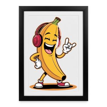 Banane joyeuse avec des écouteurs et une main de pierre - Affiche encadrée (27 × 37 cm) - noir - Devant