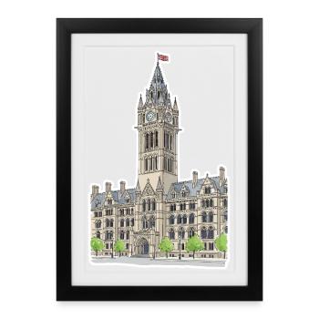 Tour de l’horloge de l’hôtel de ville de Manchester Art gothique - Affiche encadrée (27 × 37 cm) - noir - Devant