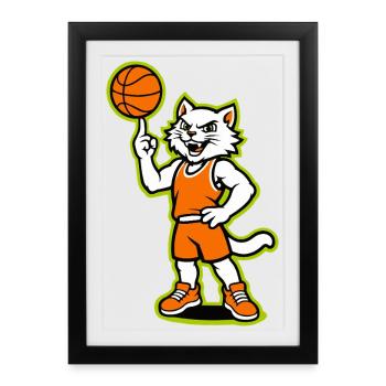 Mascotte chat de basket-ball en orange - Affiche encadrée (27 × 37 cm) - noir - Devant